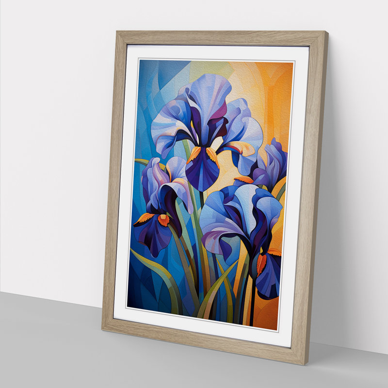 Iris Flower Cubism - Single Picture Frame Print on Wood, Oak Framed, 64cm H x 46cm W x 2cm D