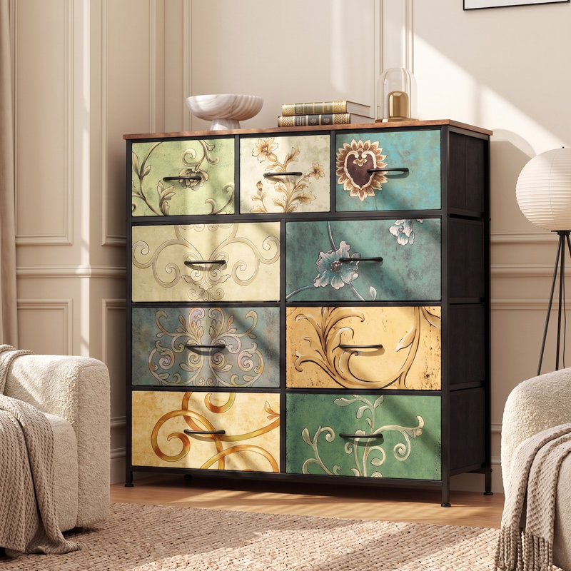 Commode 9 tiroirs avec plateau en bois Reinardo, Floral