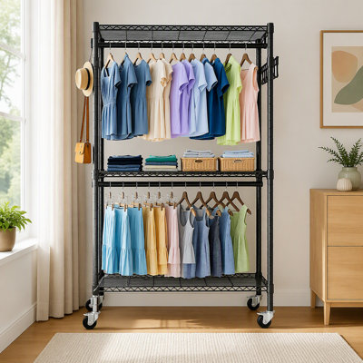 70.91 in Rolling Clothes Rack with Wheels, Three Tier Adjustable Wire Shelving and Two Hanging Rods, Black