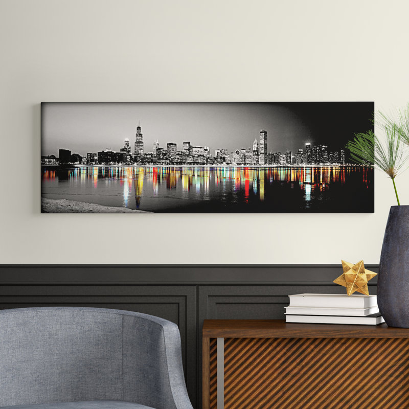 Skyline At Night With Color Pop Lake Michigan Reflection, Chicago, Cook County, Illinois, Usa by Panoramic Images - Wrapped Canvas Panoramic Print