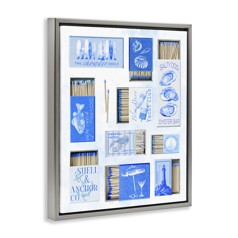Cadre flottant bleu avec des boîtes d'allumettes, par Ziwei Li, H 21 po x l 17 po, Cadre flottant gris lustré