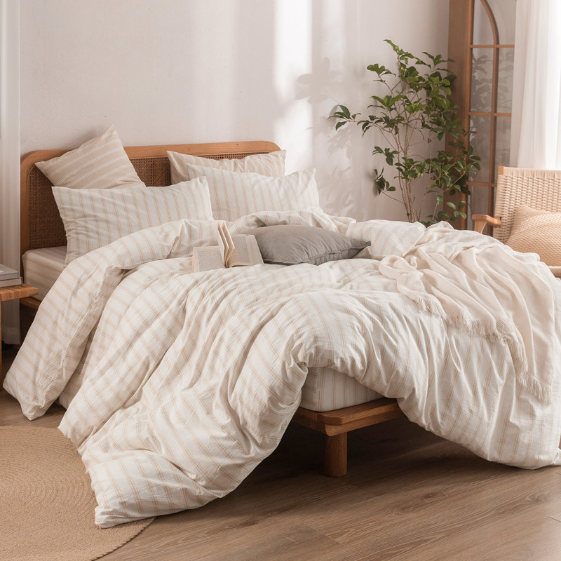 Ensemble de housse de couette 3 pièces, Housse de couette double + 2 taies d'oreiller stan, Rayures - blanc / gris amande
