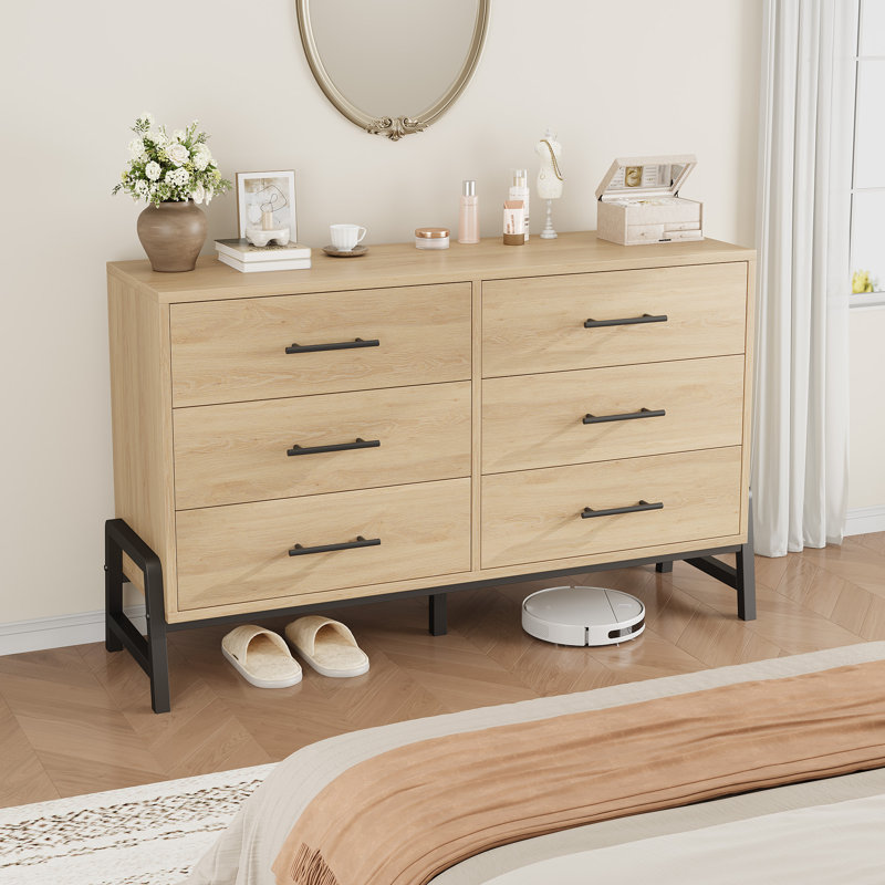 Modern 6-Drawer Entryway Storage Cabinet – Wide Freestanding Wooden Dresser, Spacious Closet Organizer, Wood Color