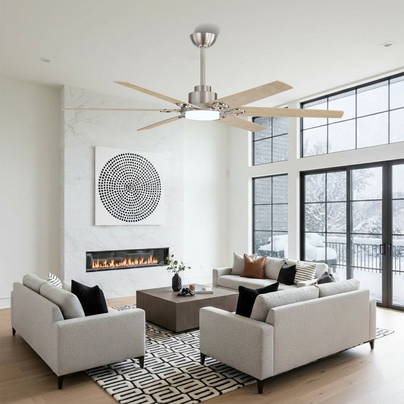 64 In. 6 Blades Indoor Ceiling Fan With LED Light Remote Control Reversible DC Motor, Nickel, Sand Nickel