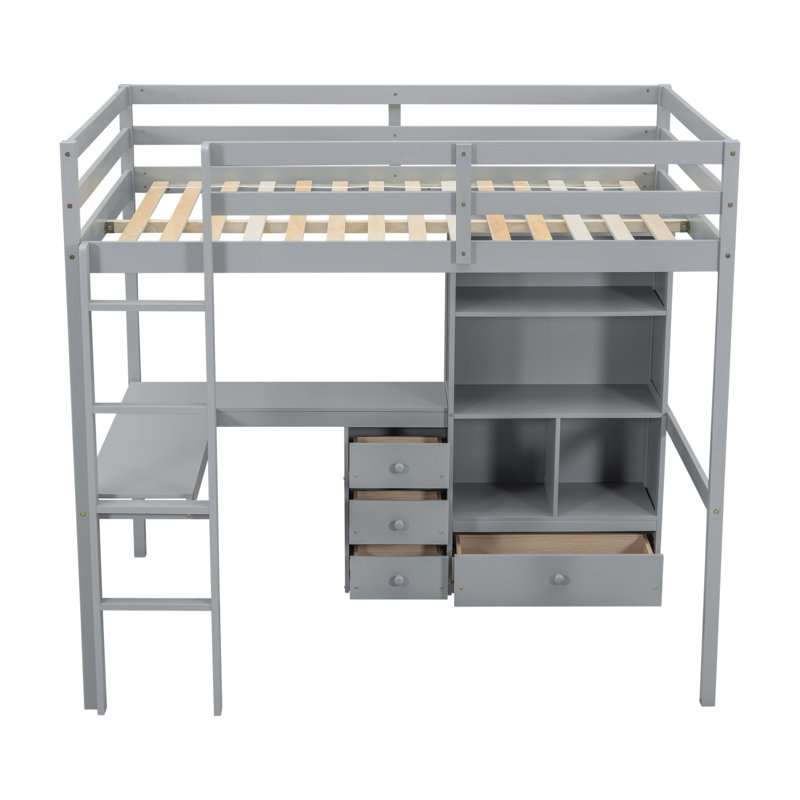 Lit mezzanine en bois massif Kasra Kids avec bureau, Ã©tagÃ¨res de rangement et tiroirs, gris
