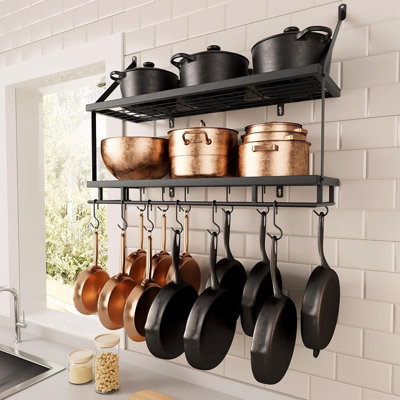 Wall Mounted Kitchen Pot Rack with Hooks and Storage Shelf
