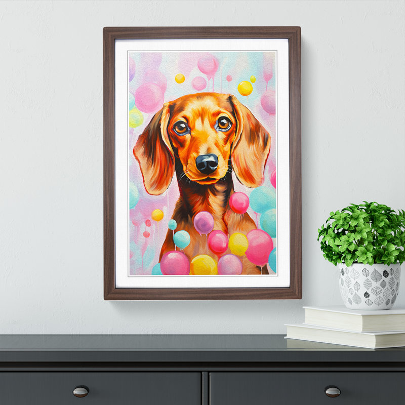 Dachshund Bubble Gum No.2 - Single Picture Frame Print on Wood, Walnut, 34cm H x 25cm W x 2cm D