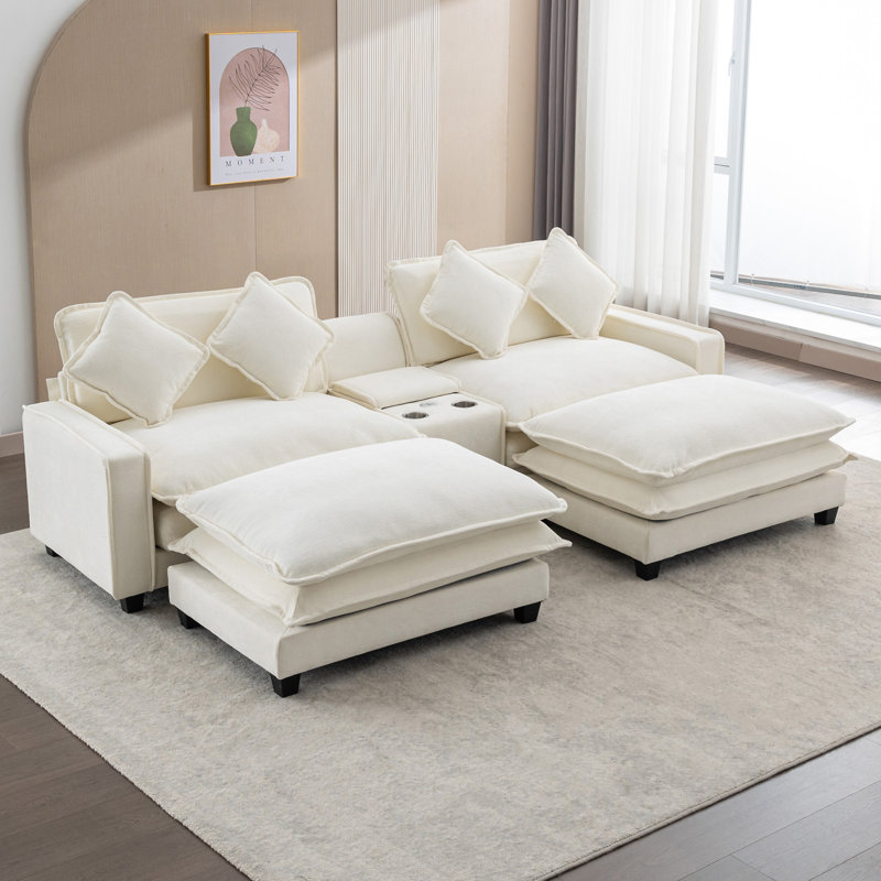 Canapé modulaire en chenille de 111 po avec deux repose-pieds amovibles en chenille, Chenille beige