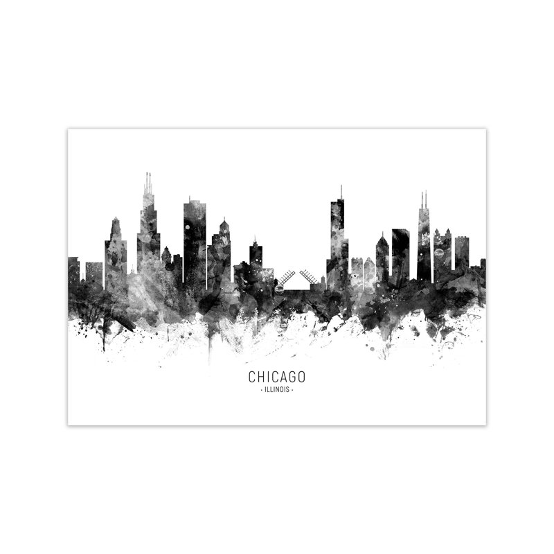 Chicago Illinois Skyline Black White City Name by Michael Tompsett - Print, 60cm H x 84cm W x 1cm D, Unframed