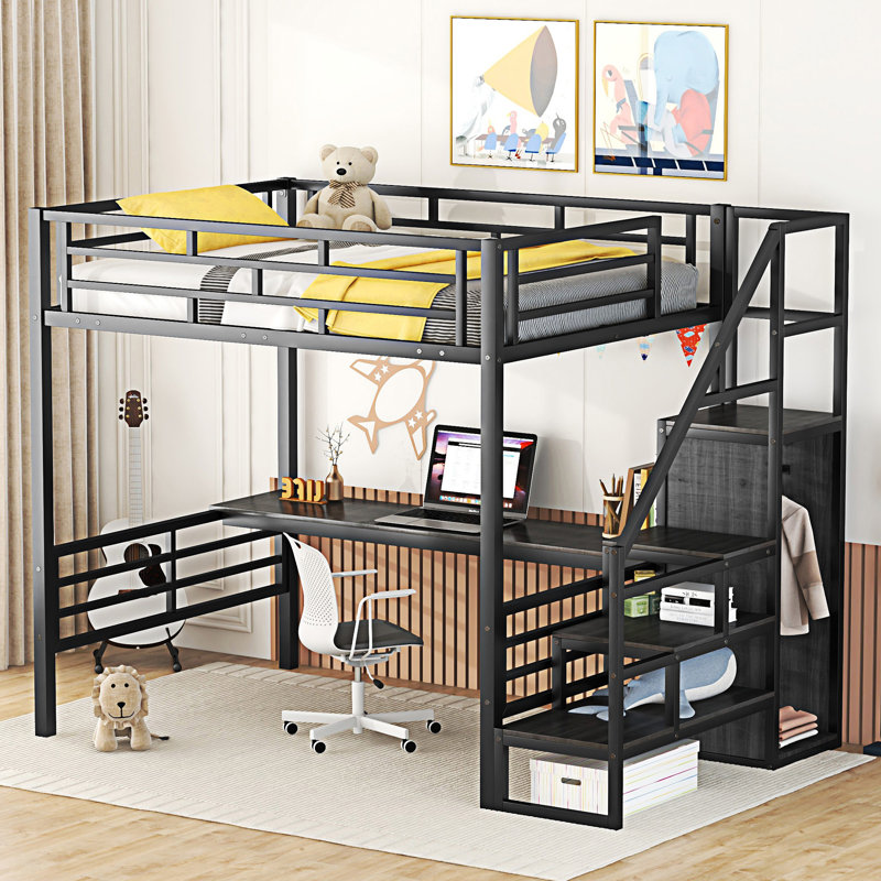 Lit mezzanine en métal avec bureau, Noir