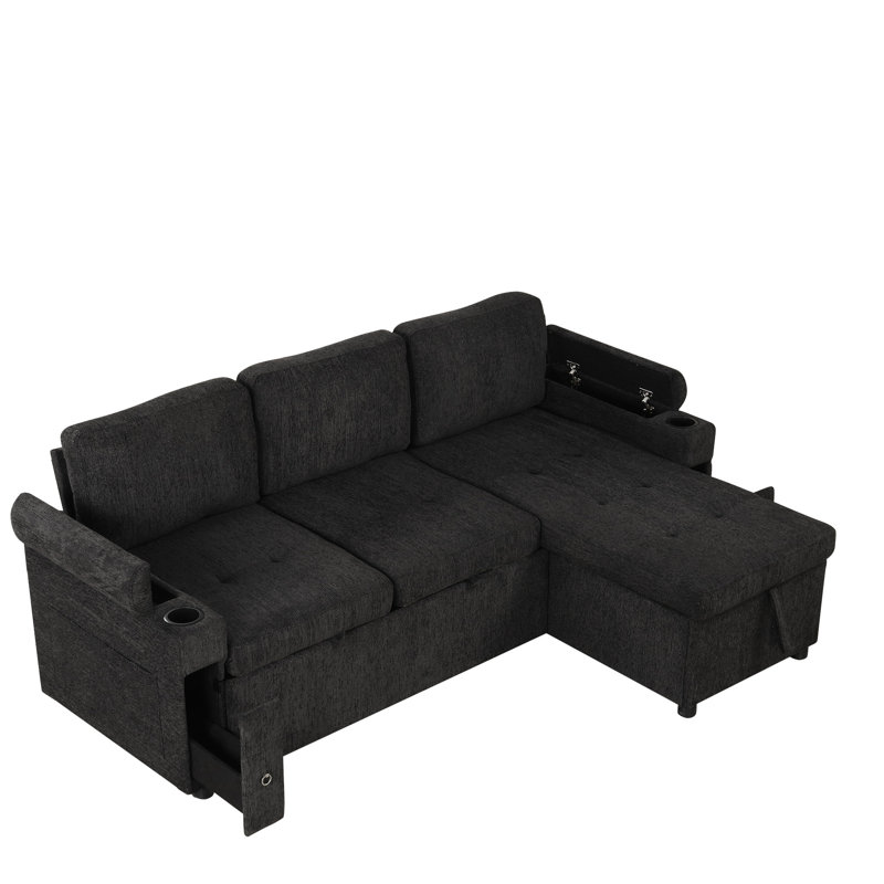 Canapé modulaire en L avec lit et rangement, porte-gobelets et hublots, nombreux canapés noirs, housse en chenille à piquants, style