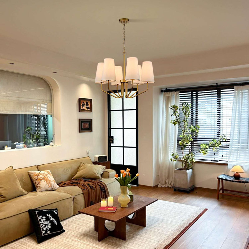 Portofino Modern Brass Fabric Shade Pendant Light Fixture - 6 Light, Brass