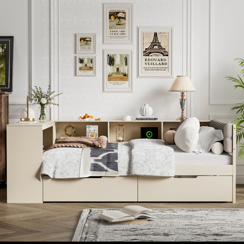 Daybed With Storage And Charging Station, Full, Beige