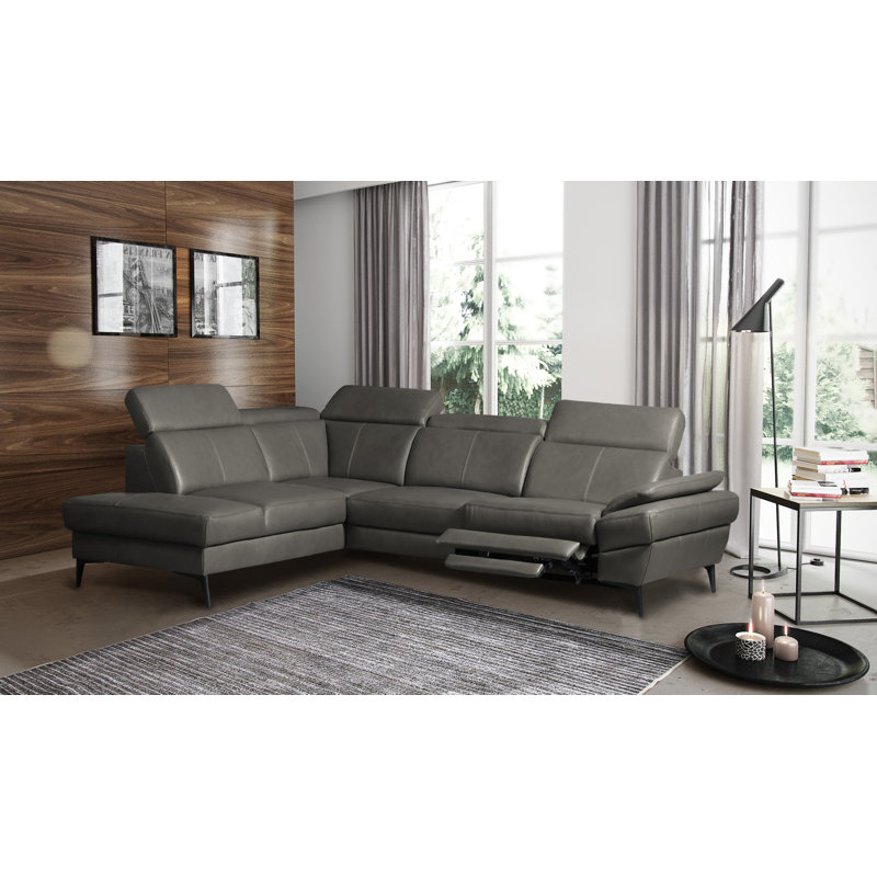 Genuine Leather Reclining Corner Sofa with Adjustable Headrests and Adjustable Armrest and Storage, Left Hand Facing