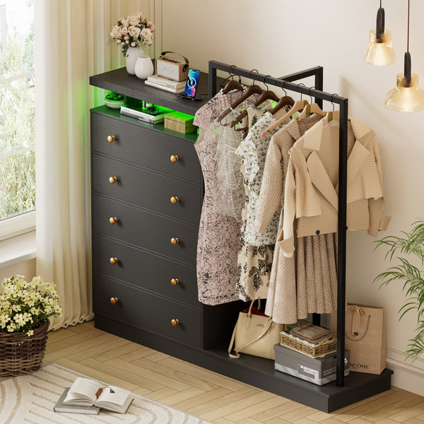 Wrought Studio™ Black Dresser With Hanging Rack, 5 Drawer Clothes ...