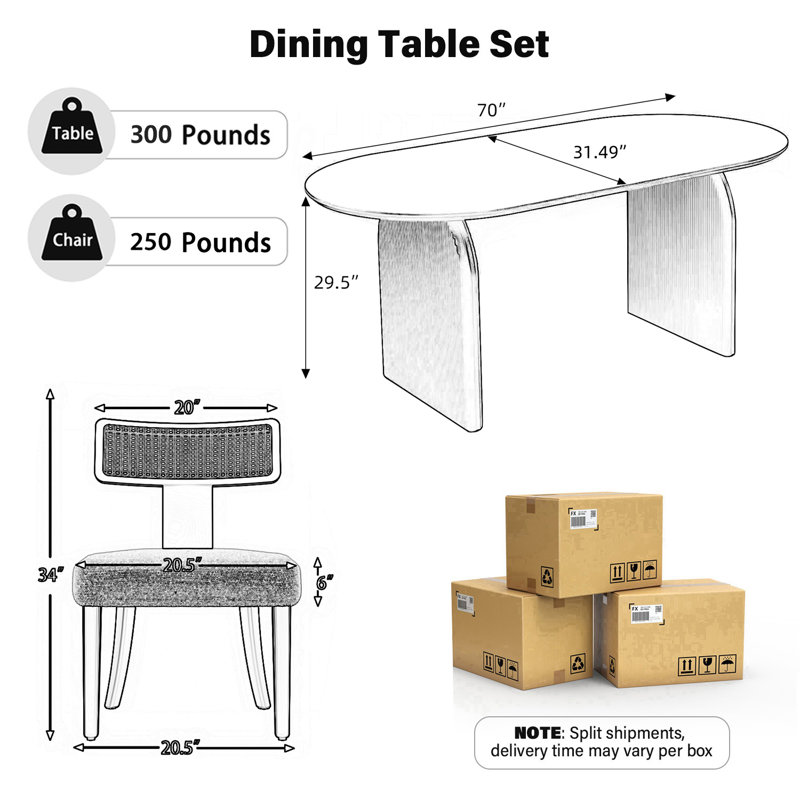 Ensemble de table de salle à manger ovale, Blanc/Noir, 7 pièces (table, 6 chaises)