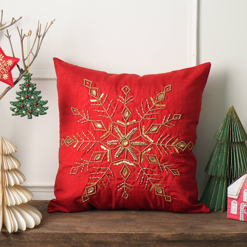 Coussin décoratif | Coussin brodé en forme de flocon de neige | 18 x 18 po