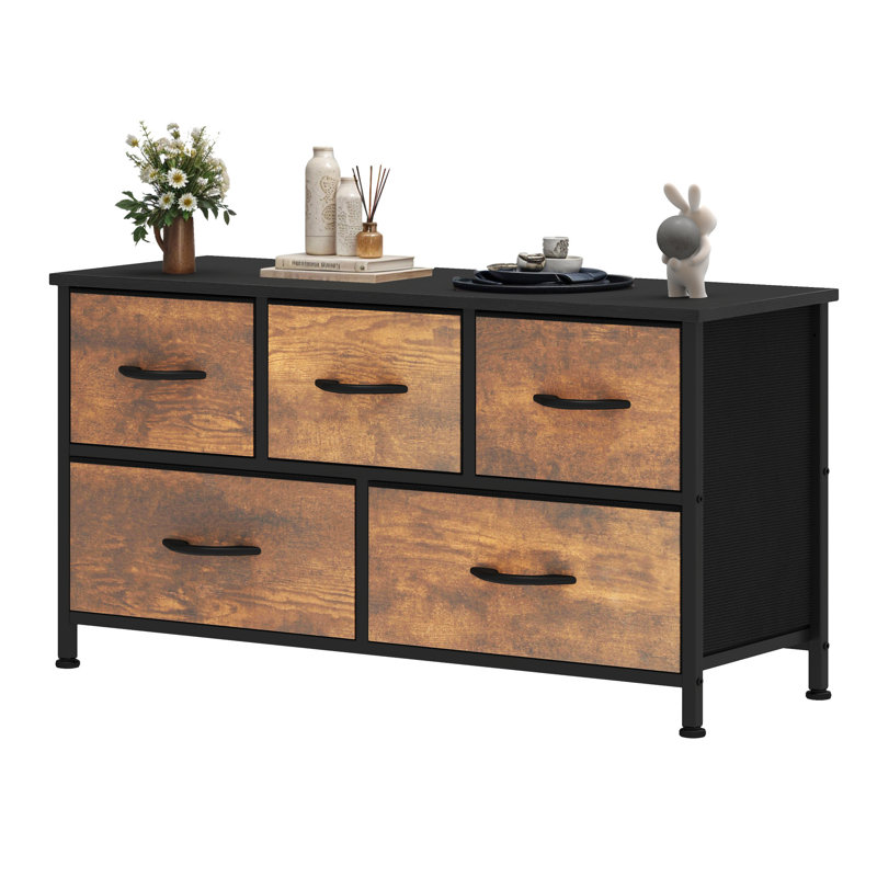 Kathiria 39.4"W 5 Drawer Small Dresser, Brown Wood