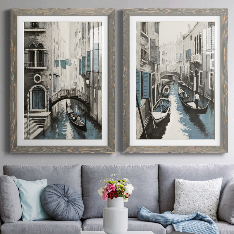 Venise I - ensemble de 2 reproductions d'art, Blanc, H 31,5 po x l 47 po x P 1,5 po, Cadre en papier gris