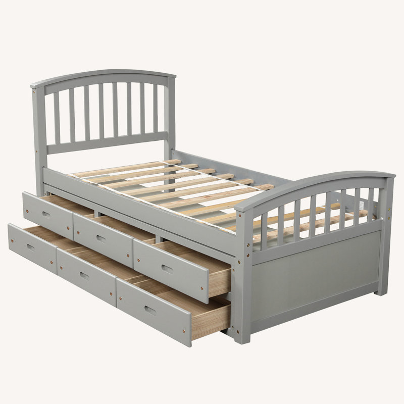 Lits simples 6 tiroirs en bois massif, gris