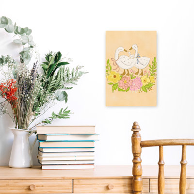 «Sweet Goose Family Bloom», oiseau contemporain, oie, nature, printemps, art mural