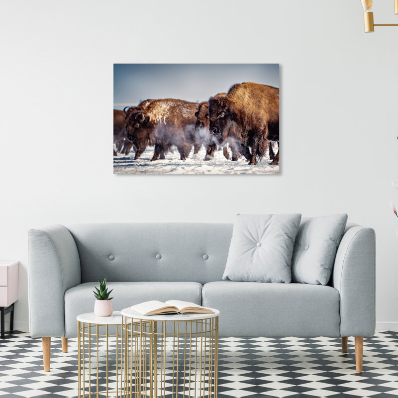 Buffalo Herd In A Snow Landscape Print, 20" H x 30" W, Wrapped Canvas