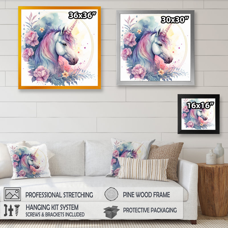 Adorable licorne pastel entourée de fleurs III - cheval, art mural, H 16 po x l 16 po x P 1 po