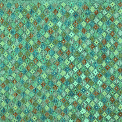 Tapis carré en laine / polyester tissé à la machine de 8 pi x 8 pi Ikat en vert / bleu / brun