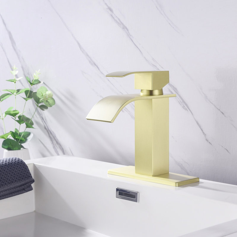 Robinet de salle de bain moderne en acier inoxydable, bec cascade et poignée simple avec bec de robinet d'évier doré, revêtement
