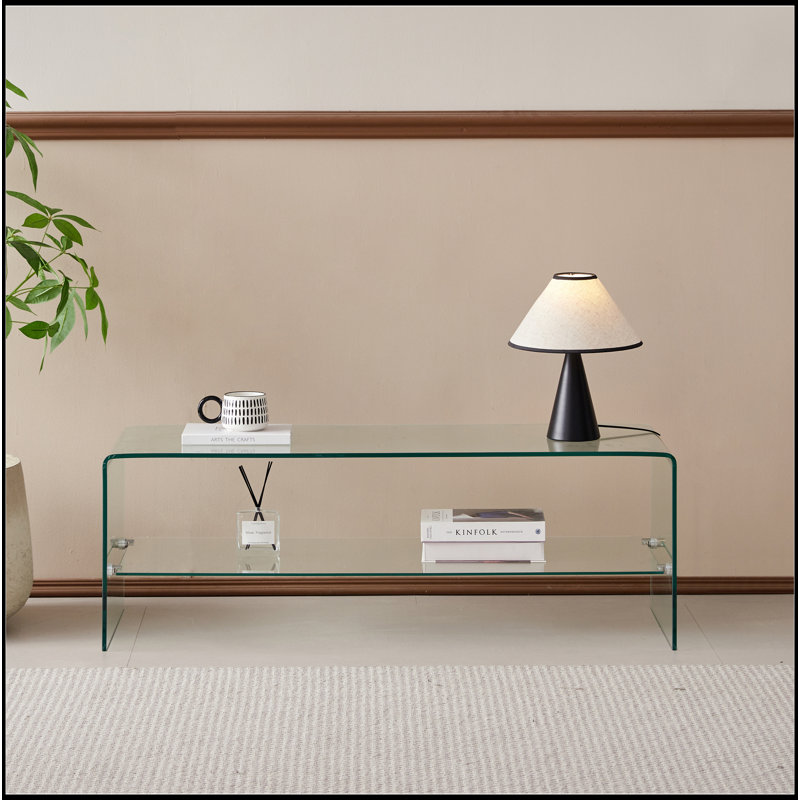 Table télé en verre transparent, meuble télé en verre trempé transparent pour le salon