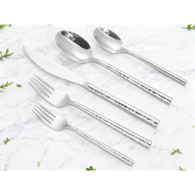 Ensemble de couverts en acier martelé 20 pièces pour 4 personnes, ensemble de couverts en acier inoxydable 18/10 avec miroir, coutellerie allant au lave-vaisselle avec poignées ergonomiques