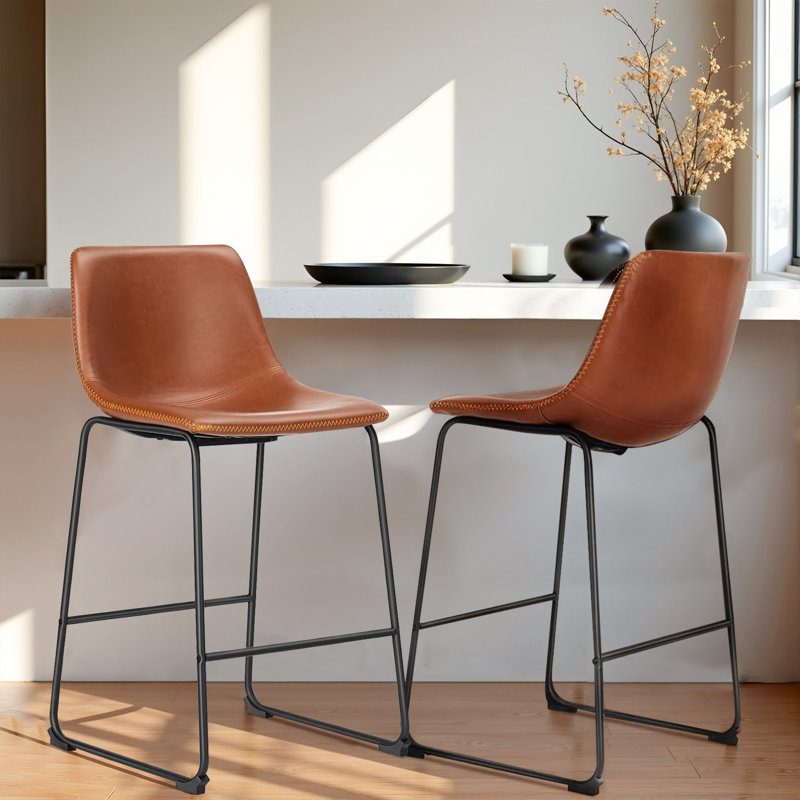 Counter Height Barstools With Leather Back, Matel Bar High Table Stool Chairs For Kitchen, Set Of 4 26 Inch, Brown