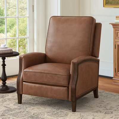 Liauro 32.3" Wide Genuine Leather Manual Push Back Recliner with Solid Wood Handrail