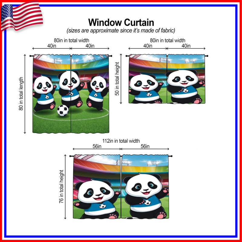 Caricature de rideaux de fenêtre panda Soccer, 56 po x 76 po - 2 panneaux, Transparent