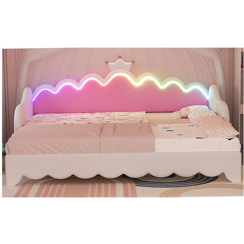Lit de jour simple à rallonge avec lumières DEL, lit de jour rembourré princesse moderne avec tête de lit couronne, blanc