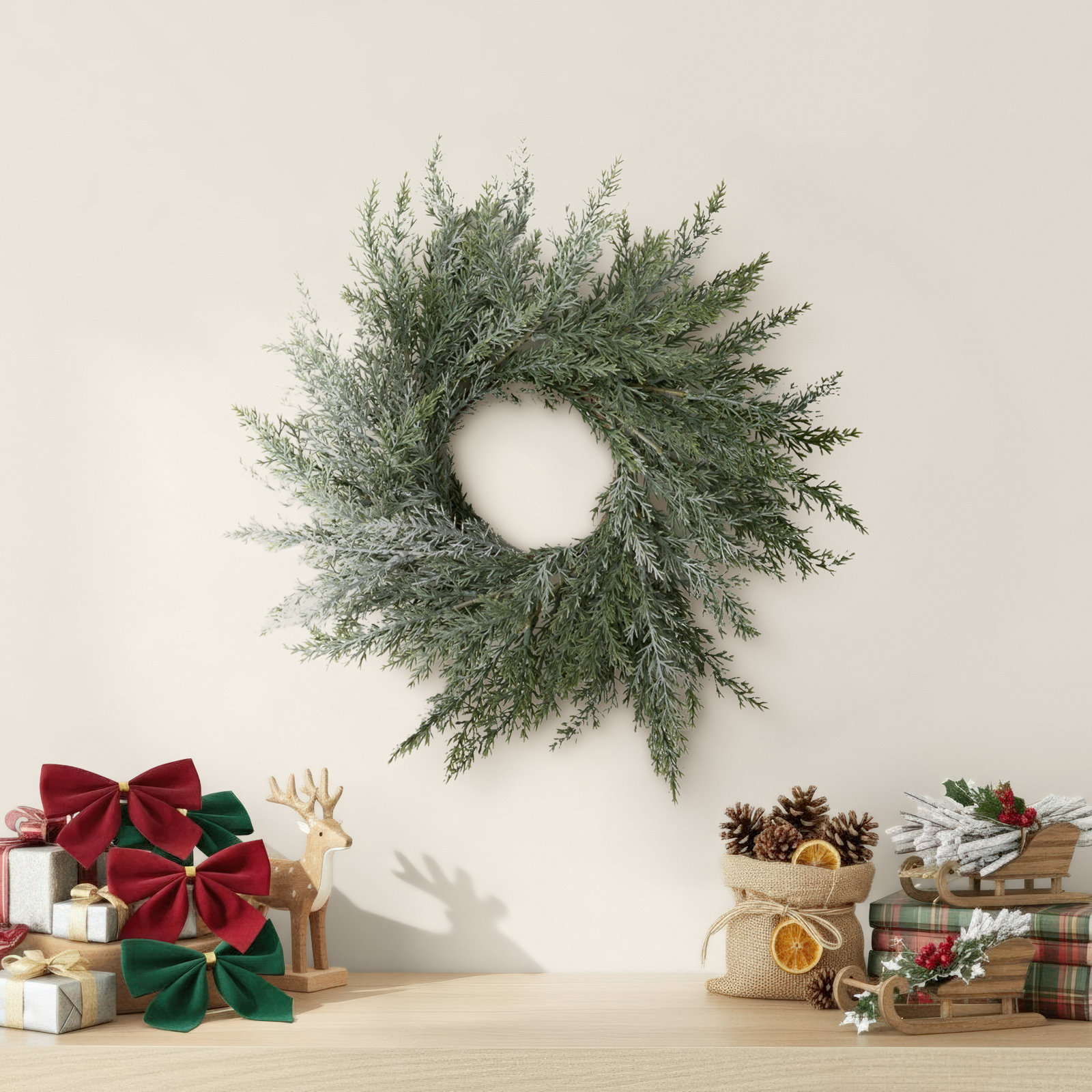 Faux Cedar Polyethylene Plastic Wreath, 14" H x 14" W x 3.5" D
