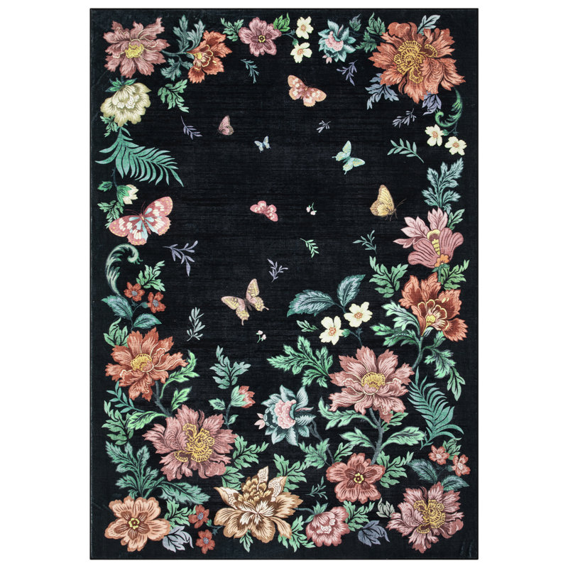 8x10 Floral Washable Area Rug Low Pile Carpet With Non Slip Base and Stain Resistant Finish for Living Bedroom and Dining Spaces, Black