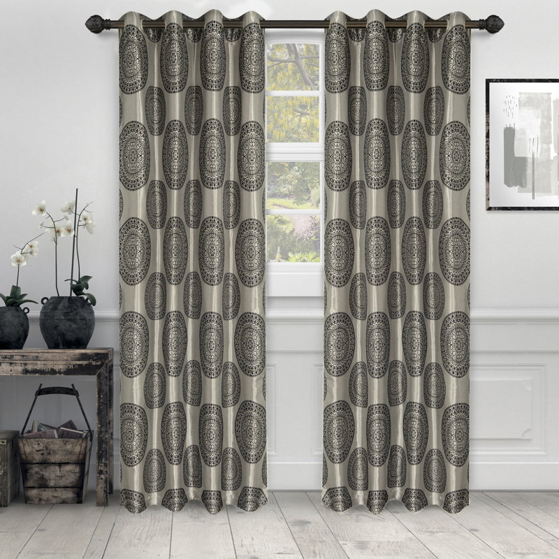 Karolinka Jacquard Floral Polyester Grommet Curtain Panels, Black, 52" x 96"