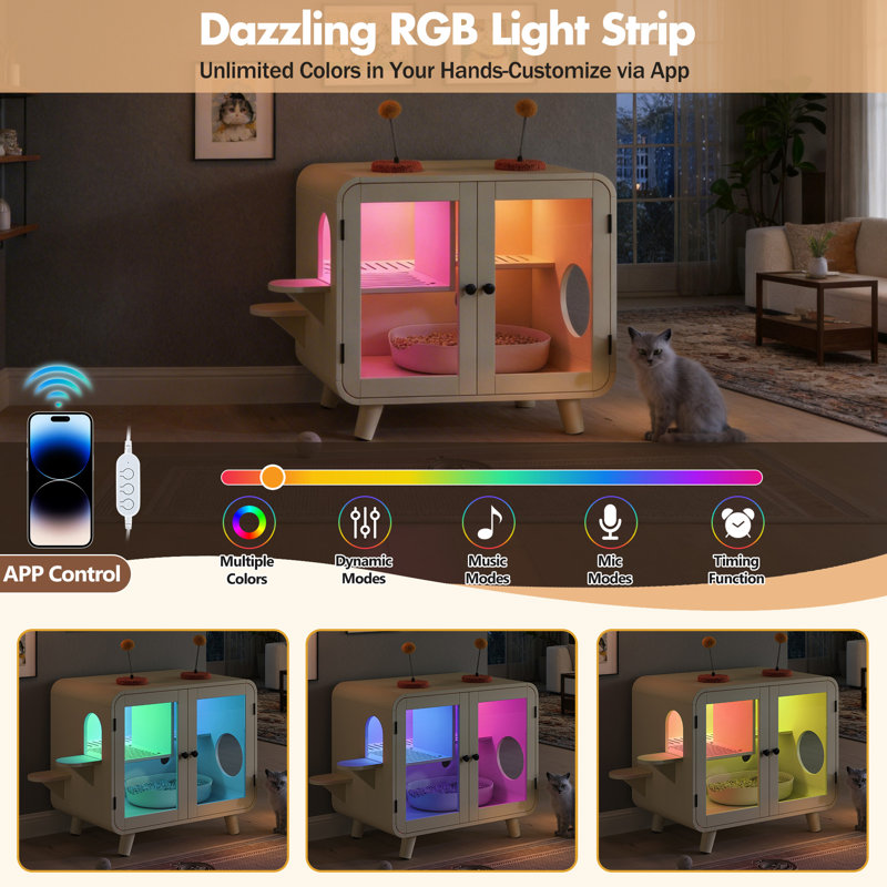 Enceinte de litière cachée pour chat avec lumière DEL RVB, Beige