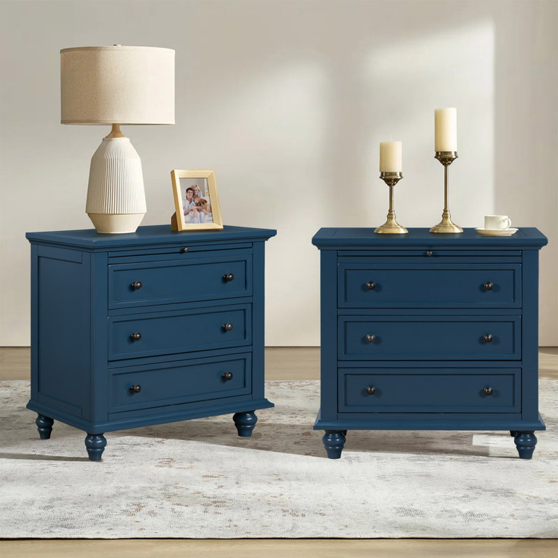 Luminex Traditional 3-Drawer Nightstand with Pull-out Shelf and Solid Wood Legs (Set of 2), Blue, Set of 2