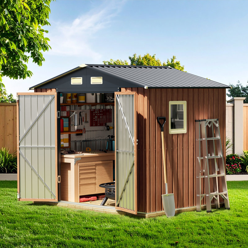 Outdoor Storage Shed 8 X 6, Metal Patio Storage Shed With Window & Lockable Door Brown