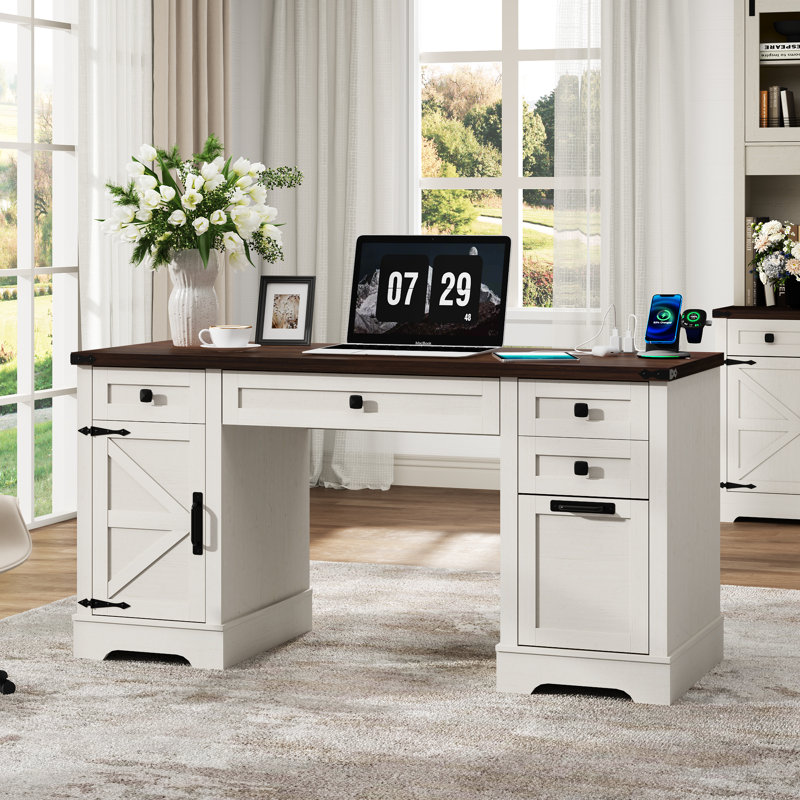  58'' W Rectangle Computer Desk with Storage Cabinet and Drawers, Farmhouse Home Office Desk, Wooden Executive Desk with Charging Station