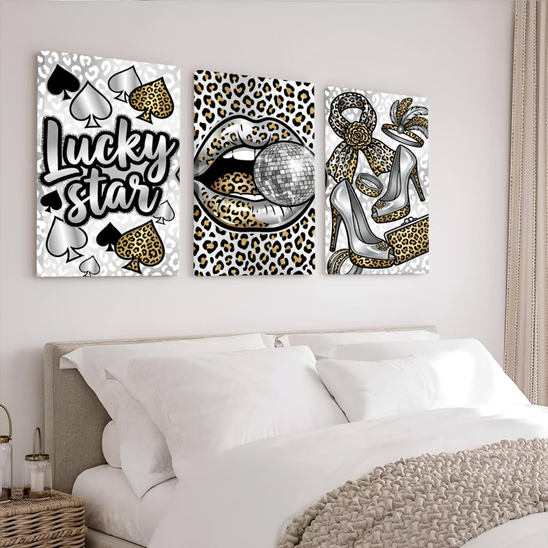Ensemble de 3 tableaux sur toile à imprimé léopard Lucky Star, motif à piques, lèvres et talons., H 36 po x l 72 po