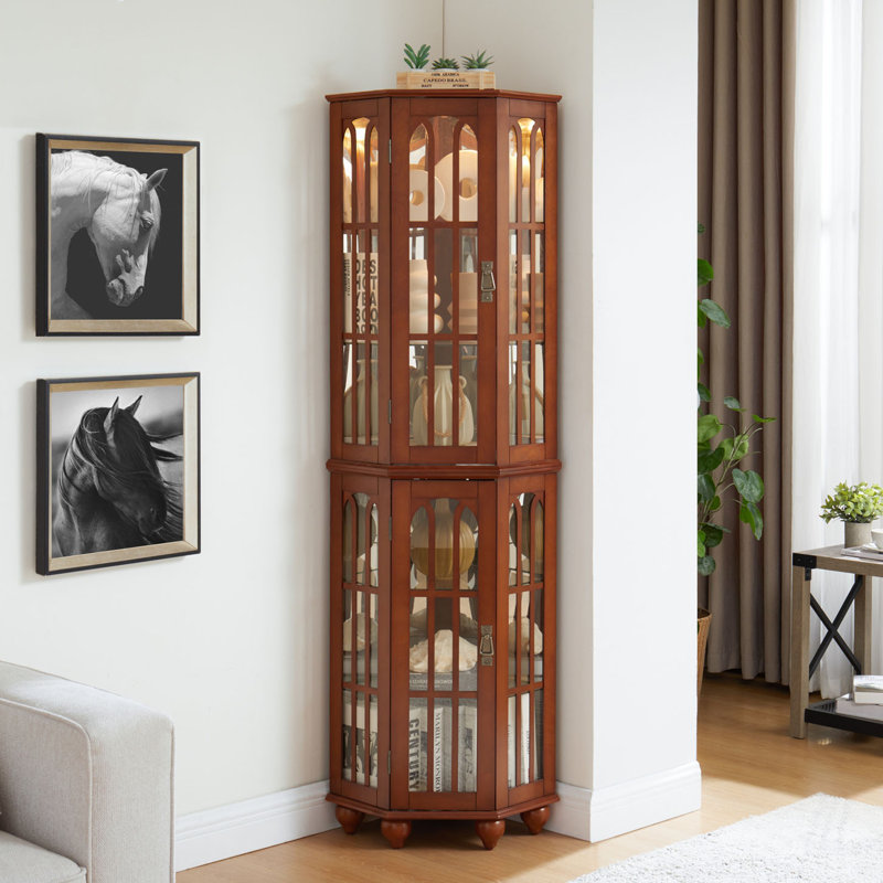 Corner Curio Cabinet with 4 Adjustable Tempered Glass Shelves and Lighting System, Walnut