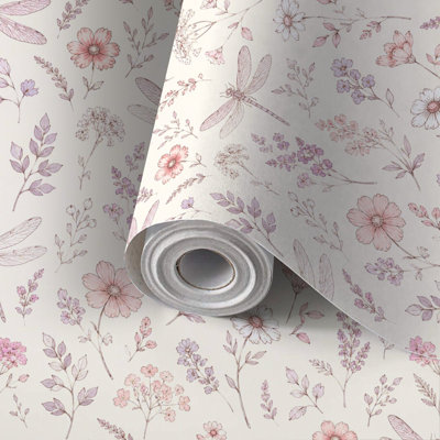 Peler et coller le papier peint délicat de libellule rose botanique auto-adhésif et amovible 24 po x 118 po (60 x 300 cm)