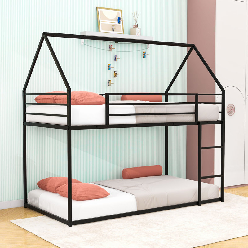 Lit superposé simple en métal avec échelle convertible intégrée et garde-corps de sécurité, Noir