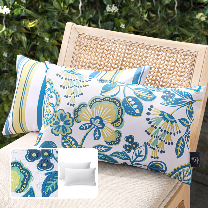 Floral Printed Off White and Blue Outdoor Throw Pillow Set
