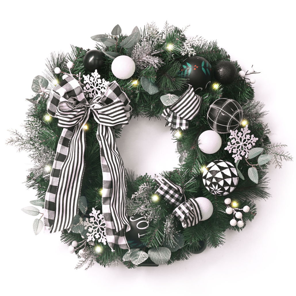 Valery Madelyn 24 Inch Mardi Gras Wreath for Front Door with Lights, Large Lighted Christmas Wreath with Black White Xmas Ball for Fireplace Window Outdoor Table Centerpiece Halloween Decoration | Way...