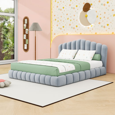 Queen Wood Platform Bed with Upholstered Headboard and Slats