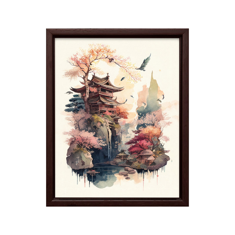 Aquarelle pagode japonaise, H 24 po x l 32 po, Canevas, Encadrement brun